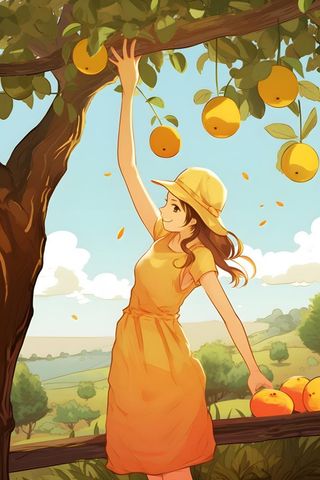 丰收可爱女孩水果金黄色插画背景