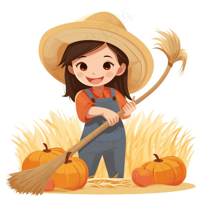 秋收女孩农忙工具南瓜麦子插画免抠