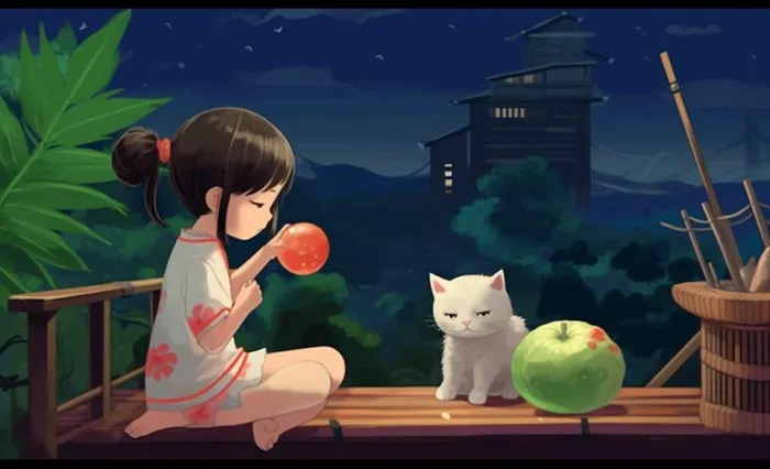 夜晚窗边乘凉水果猫插画背景(1392x848)