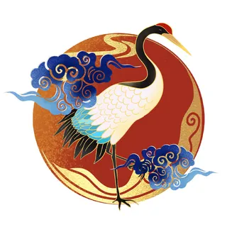 中国风国潮仙鹤山水插画手绘元素场景PSD设计素材