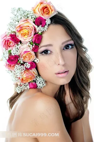 鲜花装点的长头发美女写真摄影高清图片