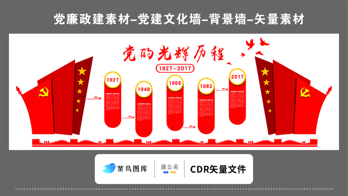 党建文化墙党建素材CDR预览图红色背景党的光辉历程时间表1927cdr矢量模版下载
