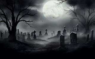 万圣节夜晚坟墓恐怖月色树林插画蓝黑色背景