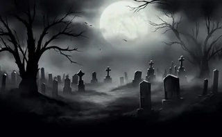 万圣节夜晚坟墓恐怖月色树林插画蓝黑色背景