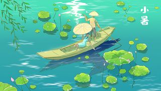 小暑池塘避暑游玩手绘插画