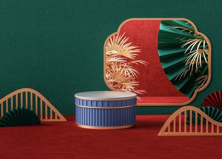 中国风国潮电商促销海报C4D背景图3D场景立体设计PSD素材模板