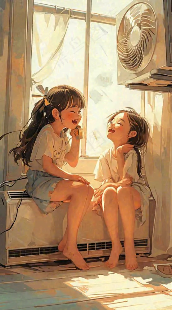 夏天风扇凉快清新儿童，阳光夏至手绘插画(816x1472)