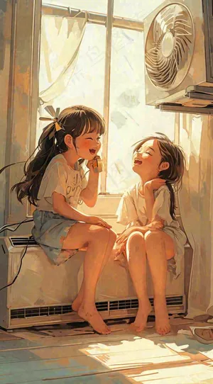 夏天风扇凉快清新儿童，阳光夏至手绘插画