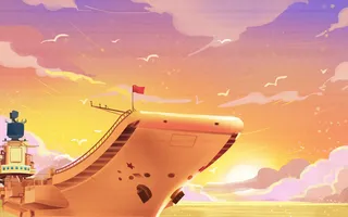 夕阳海边船绘画PSD素材