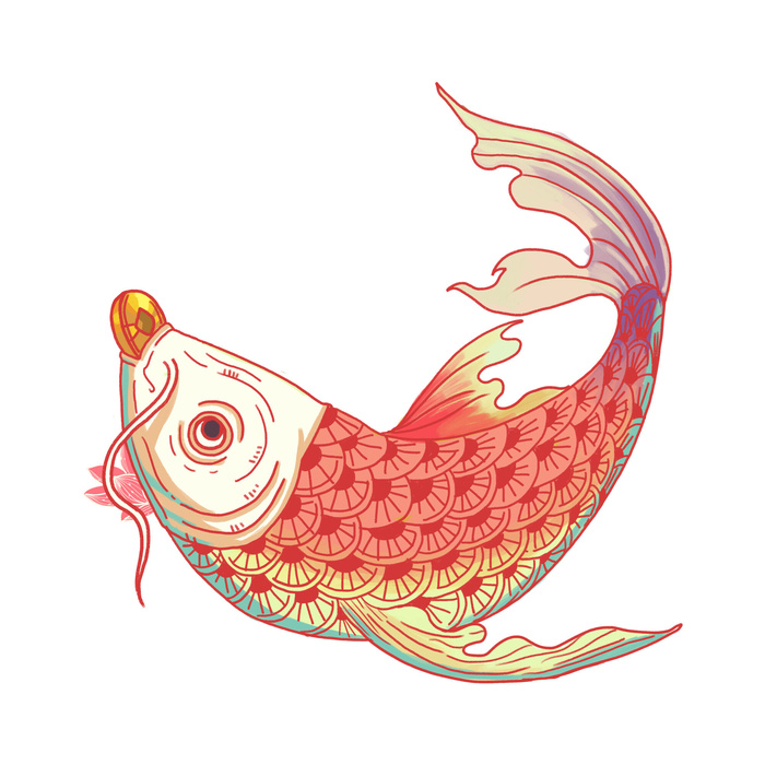 手绘烫金国潮中国风卡通锦鲤鱼金鱼插画装饰元素PSD设计素材