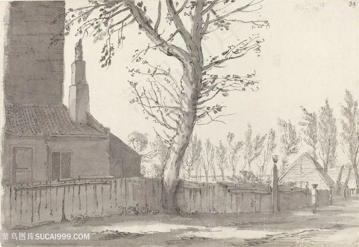 素描农房美景装饰画手绘插画