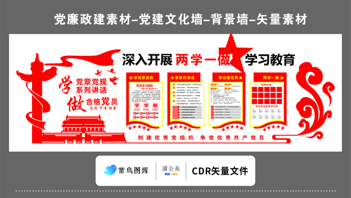 党建文化墙党建素材CDR预览图红色背景深入开展两学一做教育云纹