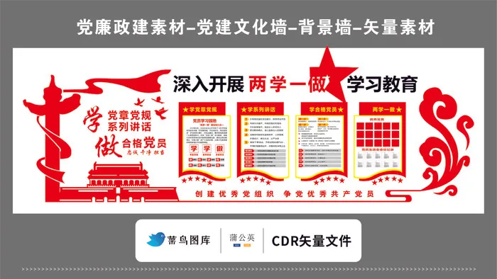 党建文化墙党建素材CDR预览图红色背景深入开展两学一做教育云纹cdr矢量模版下载