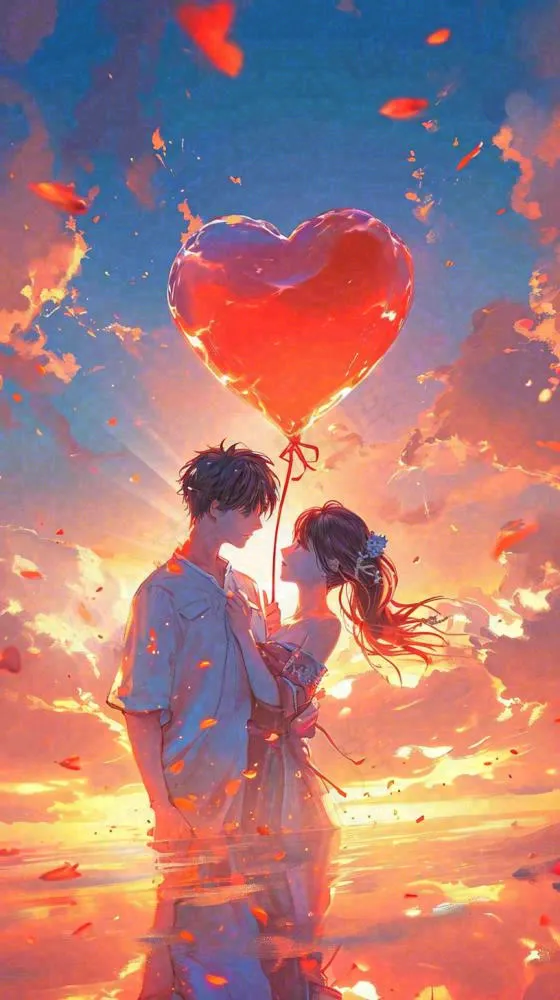 情人节浪漫情人爱心落日蓝天唯美，情侣亲吻爱情，卡通手绘插画(816x1456)