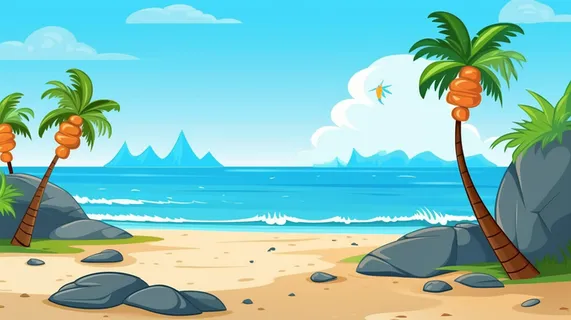 卡通插画海边沙滩礁石椰子树 