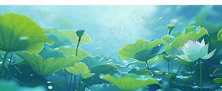 夏天池塘荷花池荷花荷叶河流插画手绘，夏至处暑小暑大暑