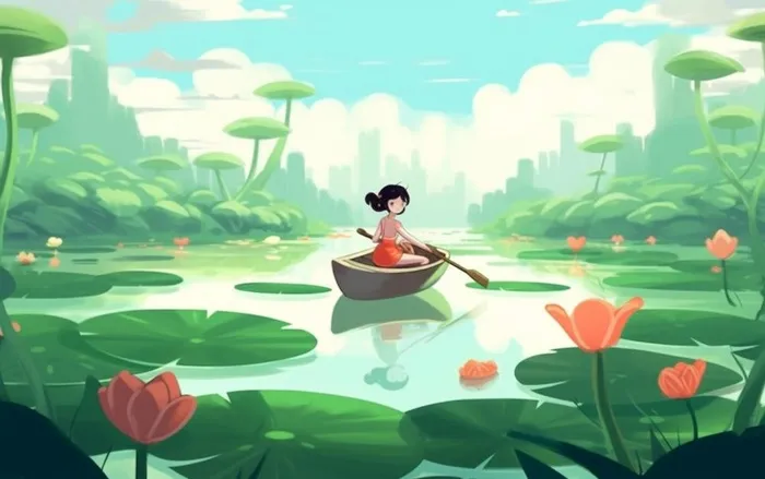 湖泊划船睡莲风光插画背景(1376x864)
