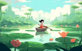 湖泊划船睡莲风光插画背景