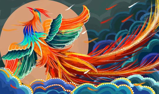 国潮风仙鹤喜鹊凤凰手绘插画