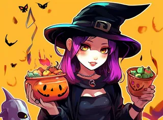 万圣节女巫鬼怪捣蛋南瓜灯恐怖紫色插画素材背景