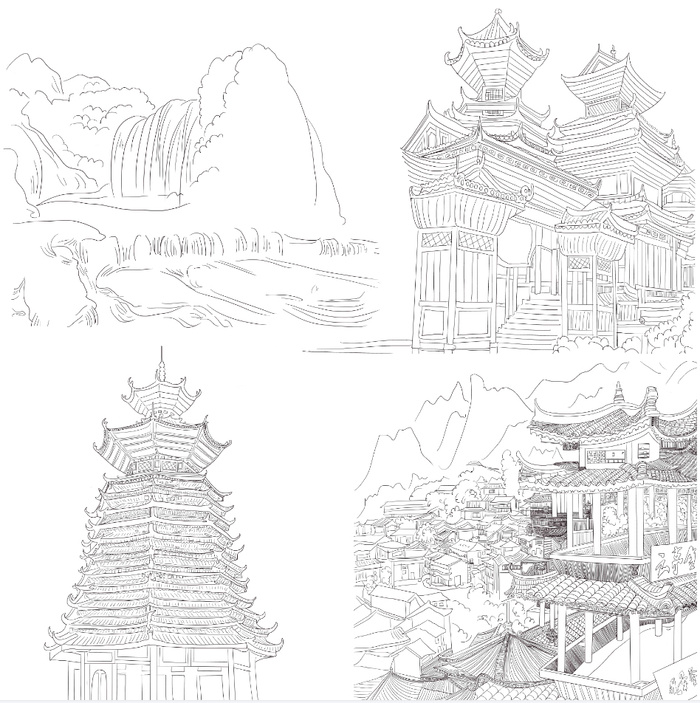 手绘线条古塔 