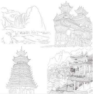 手绘线条古塔  手绘线条古塔