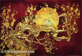 雕刻彩绘玻璃梅花花鸟