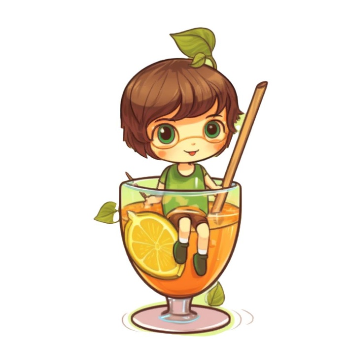 遮阳伞下坐着饮料里的人孩子免抠