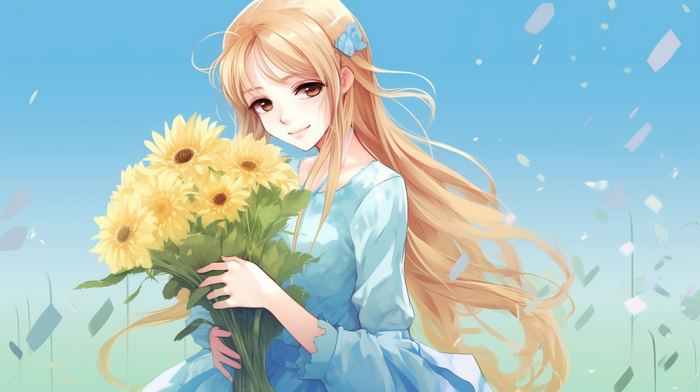 金发少女手捧向日葵花瓣卡通插画素材(x)