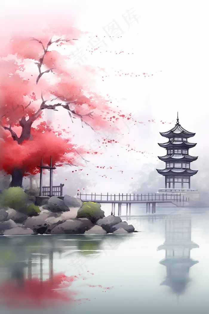 国风水墨画山水花卉唯美插画背景(2688x4032)