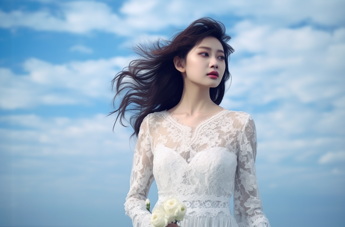 一个美女穿着一件漂亮的白色连衣裙在海边的拍照摄影图(4080x2688)