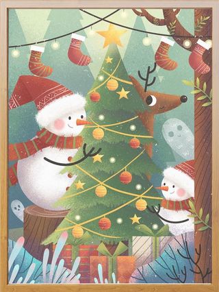 圣诞节插画唯美圣诞雪人和树