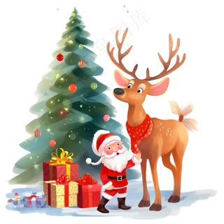 圣诞老人圣诞树礼物驯鹿卡通插画免抠
