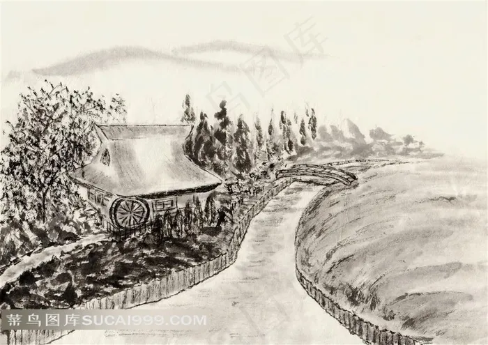 乡间的木屋和田野水墨画