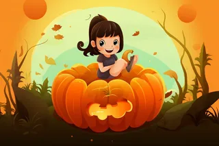 卡通插画女孩坐着南瓜灯上万圣节场景