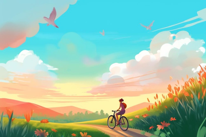 晴天草地踏青自行车游玩插画背景(1344x896)