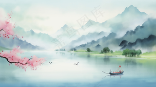 江南水乡水墨画山水船桃花插画
