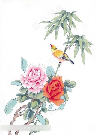 工笔牡丹喜鹊竹子图