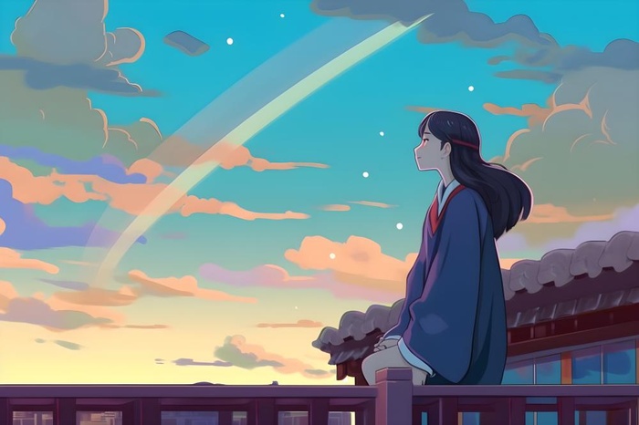 天空彩虹白云毕业的女孩插画背景(5376x3584)