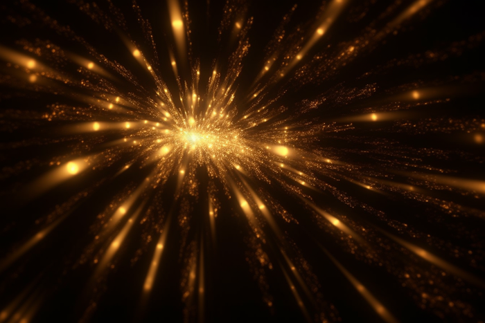 金色发光在黑色背景上爆炸明亮的闪光四射背景