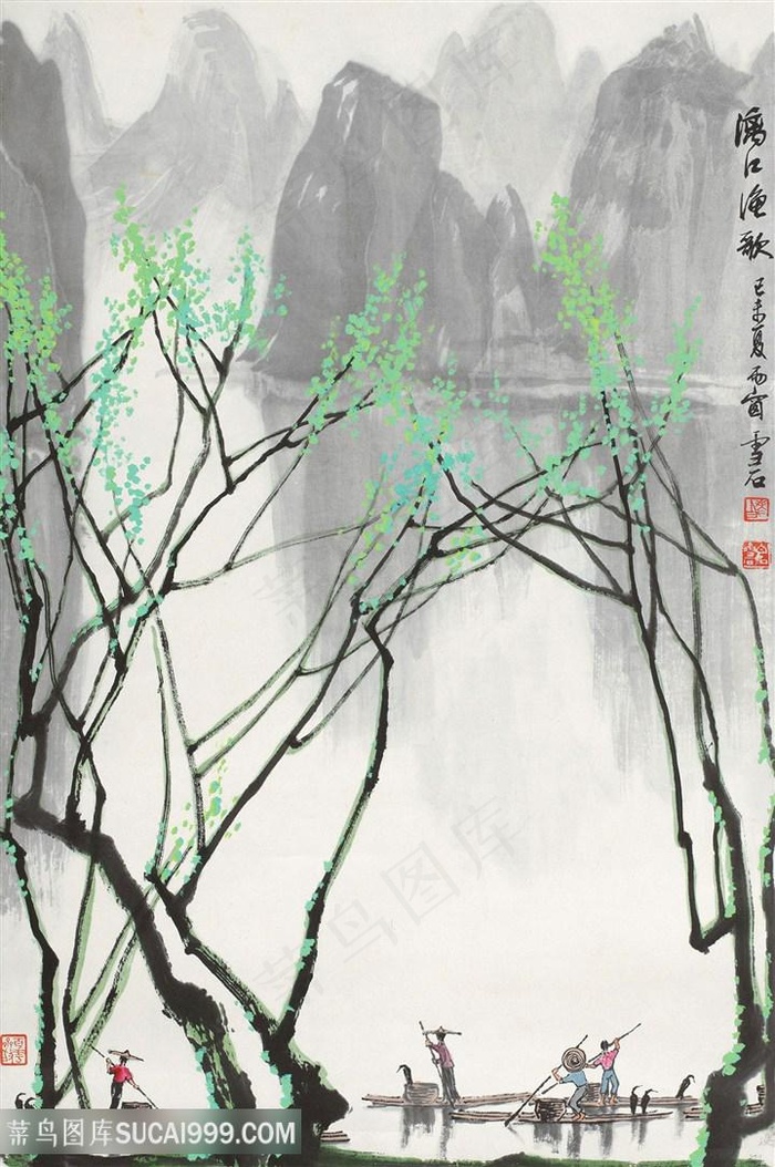 白雪石水墨湖畔美景装饰画