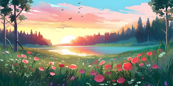 春天夕阳花丛草丛森林手绘插画海报素材背景(6144x3072)