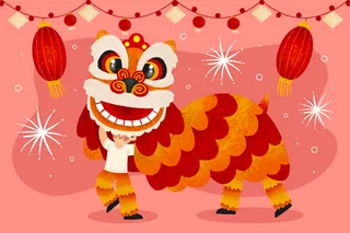 新年虎年舞狮插画 