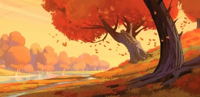 秋季树木黄了红了落叶森林金红色背景(1568x768)
