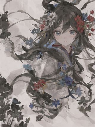 黑白中国风水墨美丽女孩插画