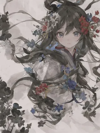 黑白中国风水墨美丽女孩插画