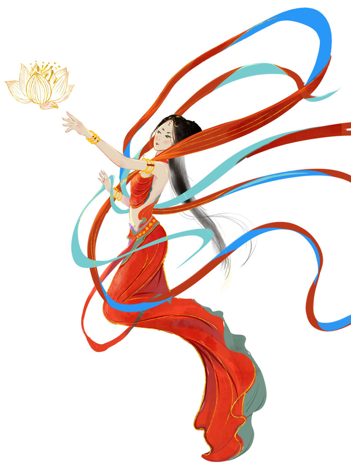 手绘国潮中国风古代敦煌神话飞天仙女美女古装人物插画PSD素材