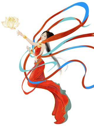 手绘国潮中国风古代敦煌神话飞天仙女美女古装人物插画PSD素材