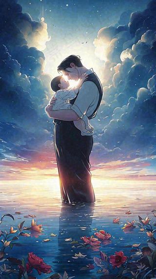 父爱父亲节海边落日温馨爱意浪漫插画