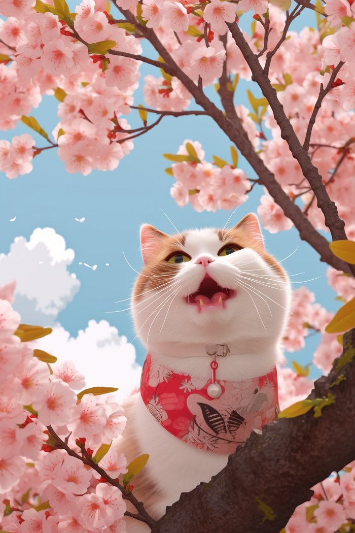 猫咪宠物站在樱花树玩耍摄影图(2688x4032)